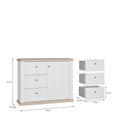 Pontypool 3 Drawer & 1 Door Sideboard in White and Riva Oak