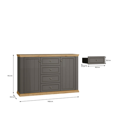 Pontypool 4 Drawer & 2-Door Sideboard in Grey and Mauvella Oak