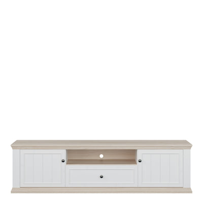 Pontypool Wide TV Unit with 2 Doors, Drawer & Open Shelf in White and Riva Oak