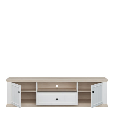 Pontypool Wide TV Unit with 2 Doors, Drawer & Open Shelf in White and Riva Oak