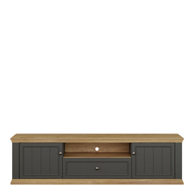 Pontypool Wide TV Unit with 2 Doors, Drawer & Open Shelf in Grey and Mauvella Oak
