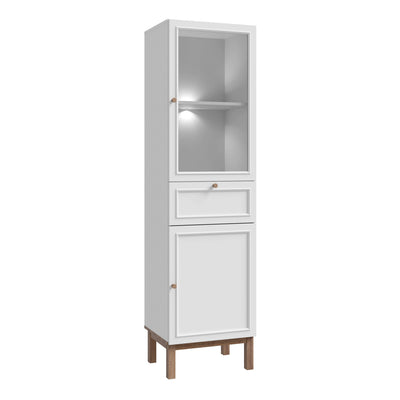 Wensley Display Cabinet with 1 Door 1 Drawer and  1 Glass Door in Light Grey and Oak inc LED Lighting – FTG