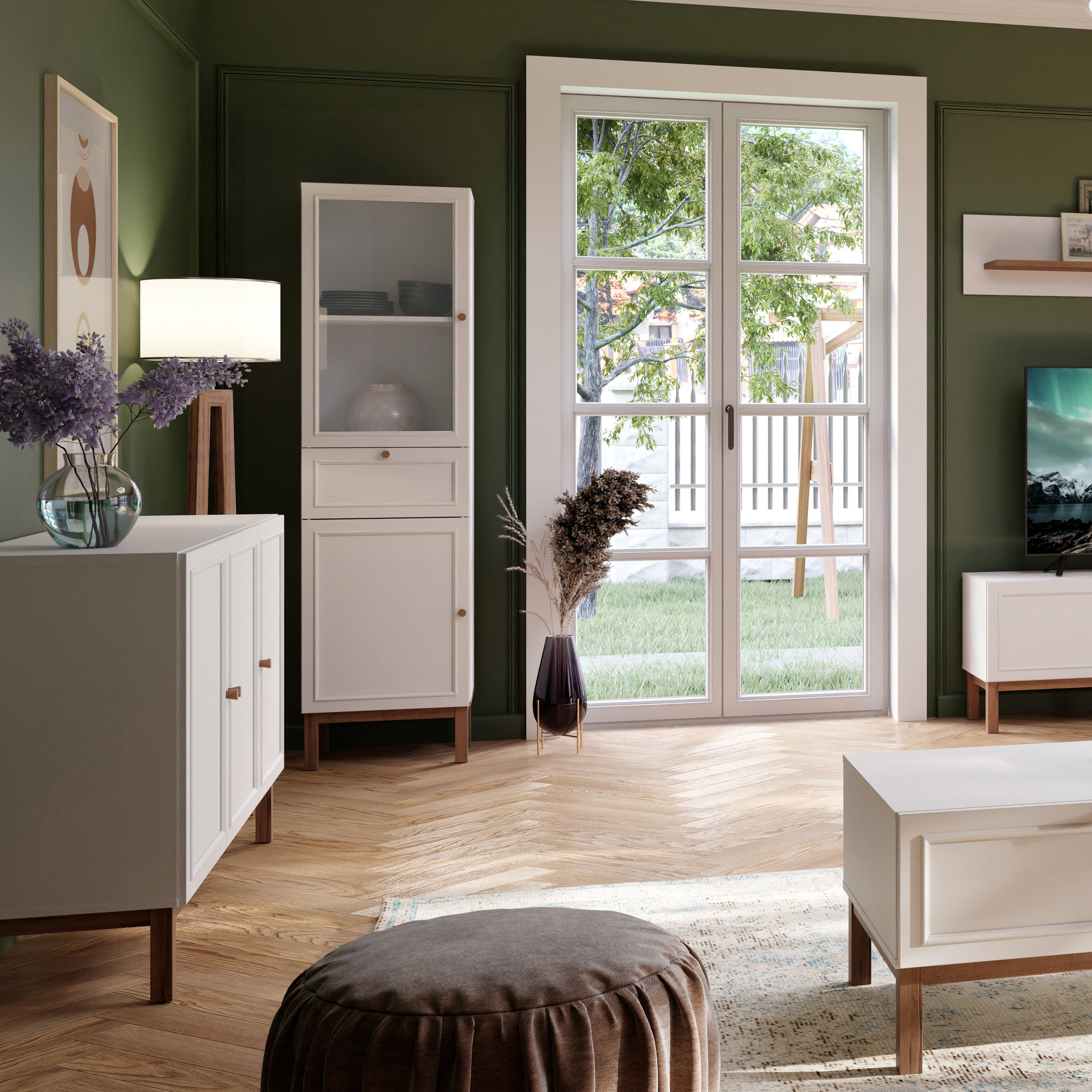 Wensley Display Cabinet with 1 Door 1 Drawer and  1 Glass Door in Light Grey and Oak inc LED Lighting – FTG, view 6