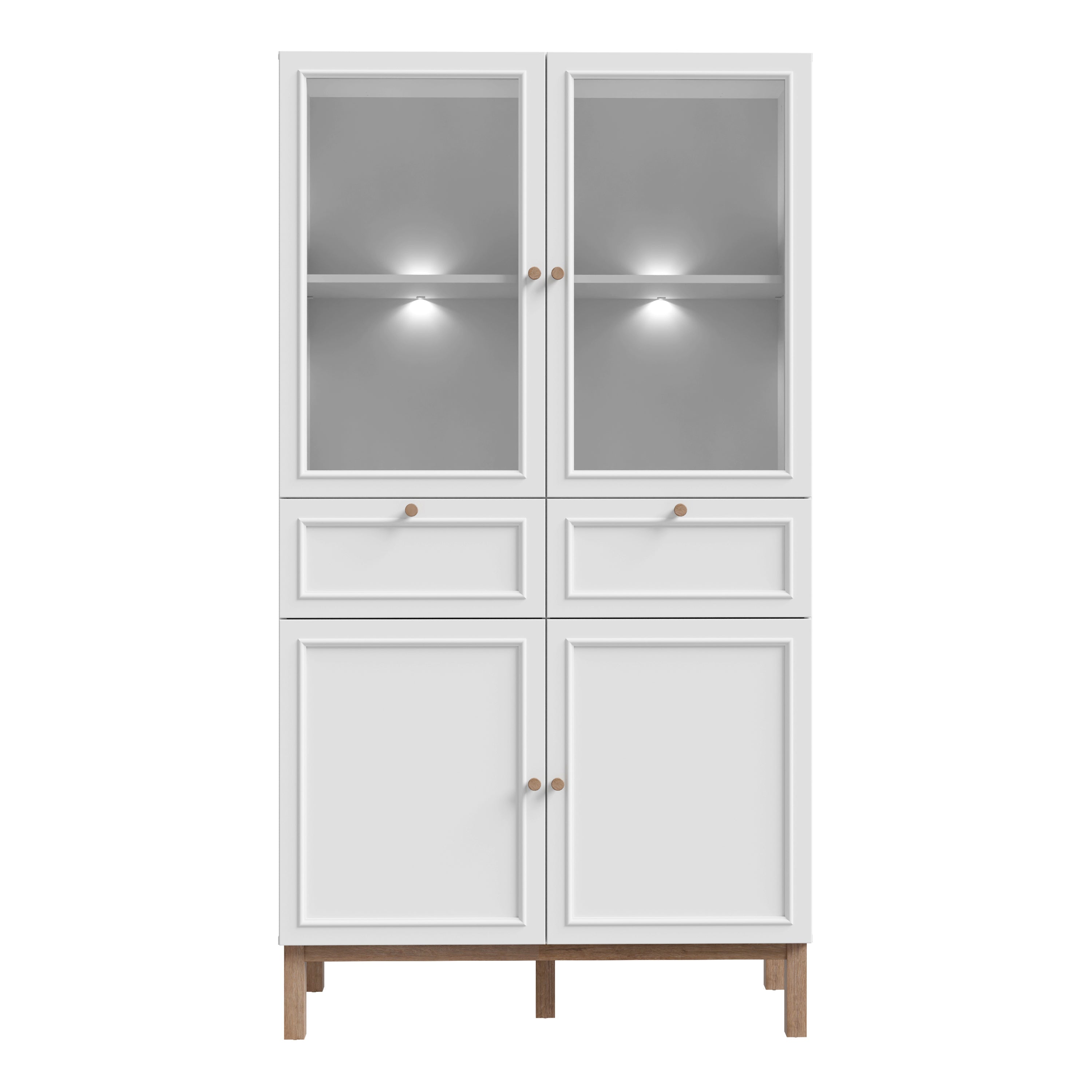 Wensley Display Cabinet with 2 Doors 2 Drawers and 2 Glass Doors in Light Grey and Oak inc LED Lighting – FTG, view 2