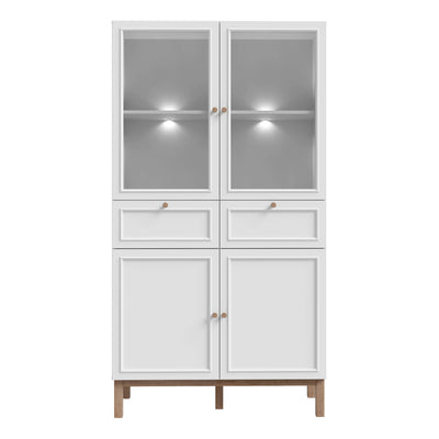 Wensley Display Cabinet with 2 Doors 2 Drawers and 2 Glass Doors in Light Grey and Oak inc LED Lighting – FTG, view 2