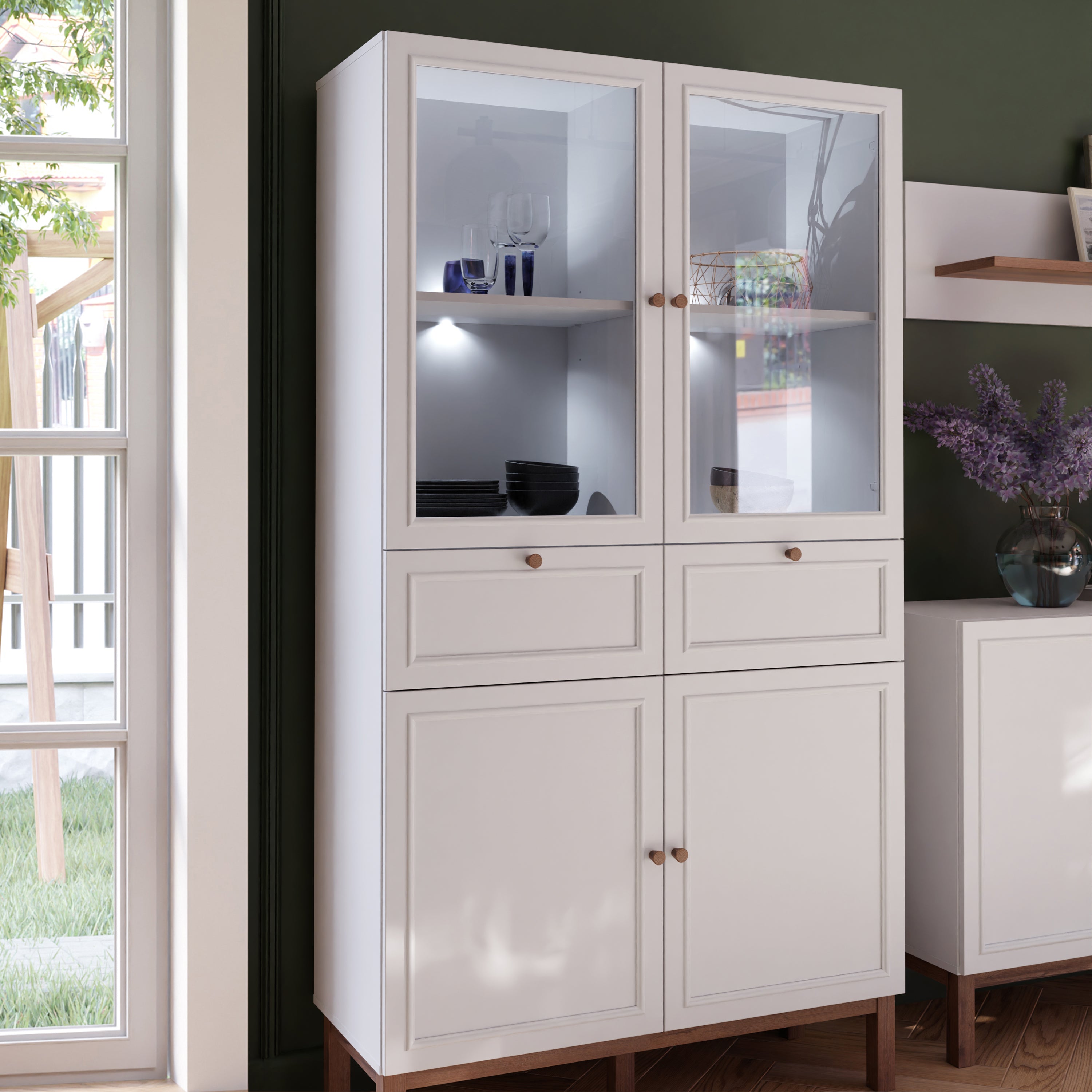 Wensley Display Cabinet with 2 Doors 2 Drawers and 2 Glass Doors in Light Grey and Oak inc LED Lighting – FTG, view 5