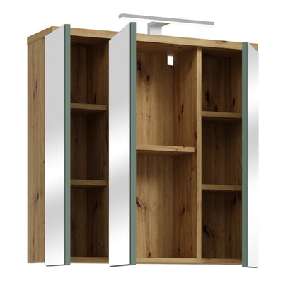 Veris 3 Door Mirrored Bathroom Cabinet with Integrated LED Lighting – Artisan Oak and Sage Green