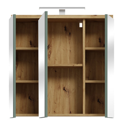 Veris 3 Door Mirrored Bathroom Cabinet with Integrated LED Lighting – Artisan Oak and Sage Green
