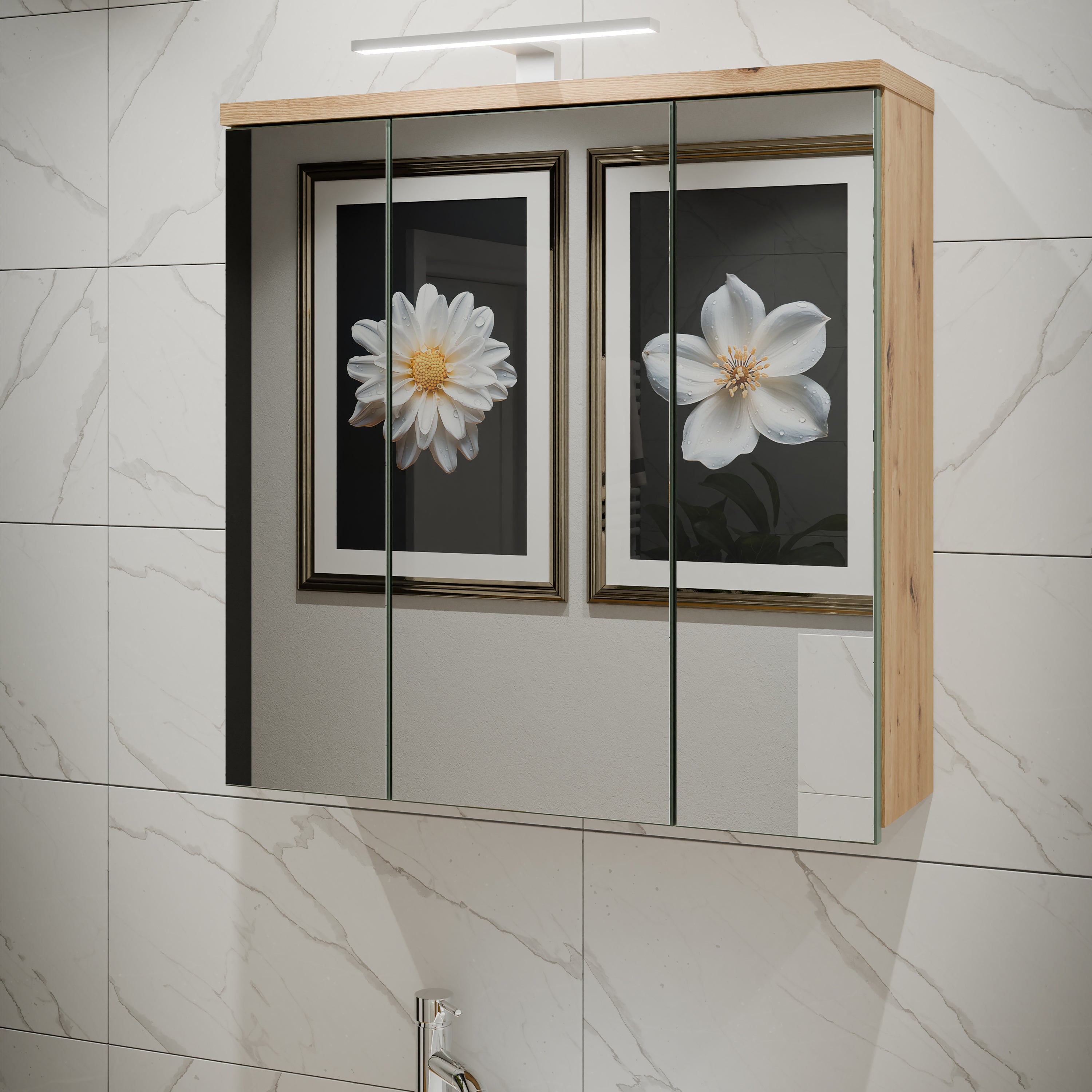 Veris 3 Door Mirrored Bathroom Cabinet with Integrated LED Lighting – Artisan Oak and Sage Green