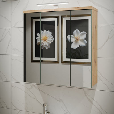 Veris 3 Door Mirrored Bathroom Cabinet with Integrated LED Lighting – Artisan Oak and Sage Green