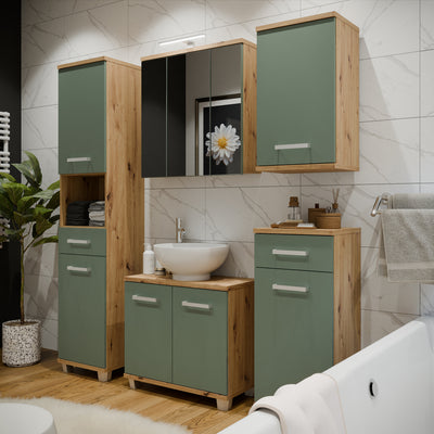 Veris 3 Door Mirrored Bathroom Cabinet with Integrated LED Lighting – Artisan Oak and Sage Green