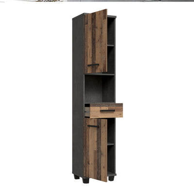 Veris Tall Narrow Bathroom Cupboard with 2 Doors & 1 Drawer in Walnut and Dark Grey