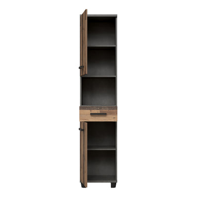 Veris Tall Narrow Bathroom Cupboard with 2 Doors & 1 Drawer in Walnut and Dark Grey