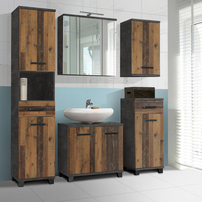 Veris Tall Narrow Bathroom Cupboard with 2 Doors & 1 Drawer in Walnut and Dark Grey