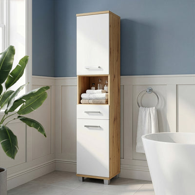 Veris Tall Narrow Bathroom Cupboard with 2 Doors & 1 Drawer in Sonoma Oak and White Gloss