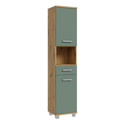 Veris Tall Narrow Bathroom Cupboard with 2 Doors & 1 Drawer in Artisan Oak and Sage Green