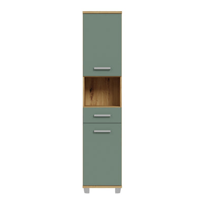 Veris Tall Narrow Bathroom Cupboard with 2 Doors & 1 Drawer in Artisan Oak and Sage Green