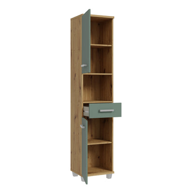Veris Tall Narrow Bathroom Cupboard with 2 Doors & 1 Drawer in Artisan Oak and Sage Green