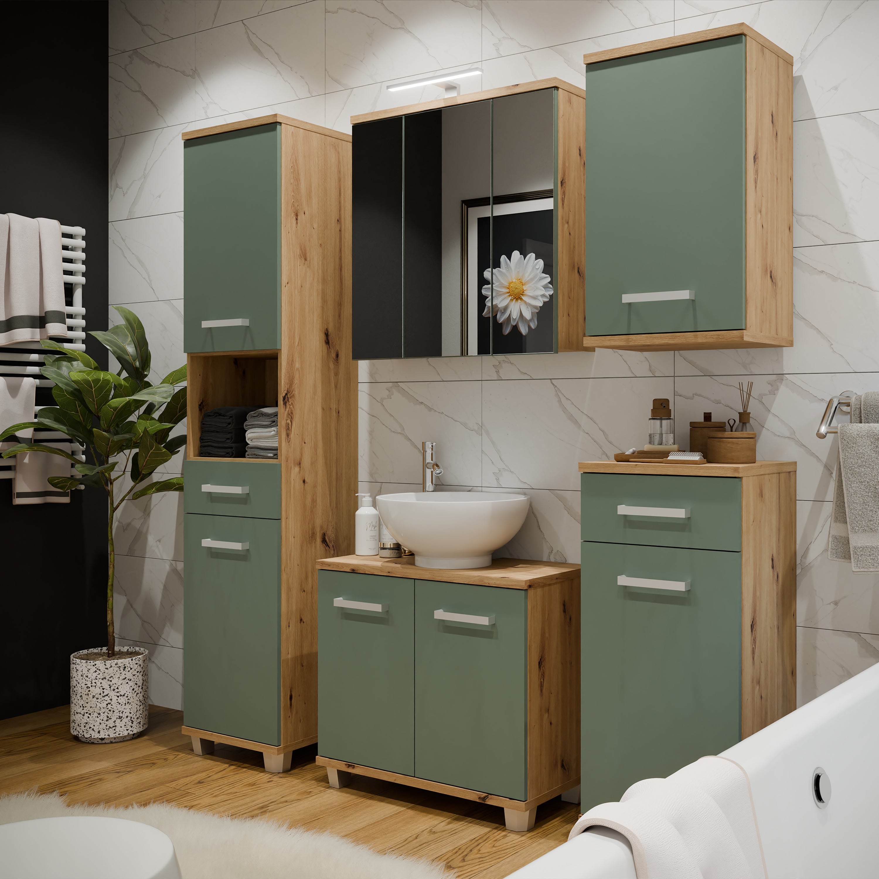 Veris Tall Narrow Bathroom Cupboard with 2 Doors & 1 Drawer in Artisan Oak and Sage Green