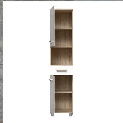 Veris Tall Narrow Bathroom Cupboard with 2 Doors & 1 Drawer in Sonoma Oak and White High Gloss