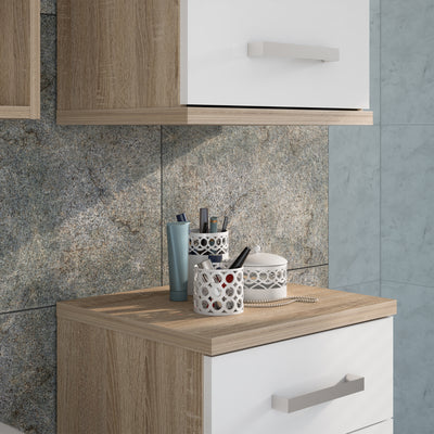 Veris Tall Narrow Bathroom Cupboard with 2 Doors & 1 Drawer in Sonoma Oak and White High Gloss