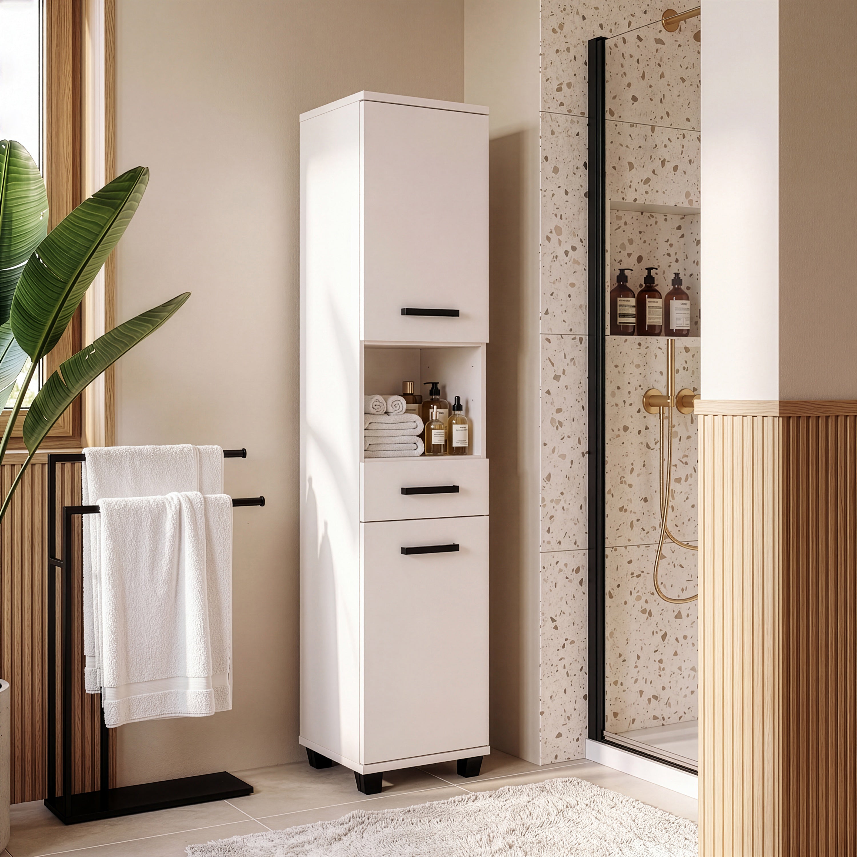 Veris Tall Narrow Bathroom Cupboard with 2 Doors & 1 Drawer in Sand
