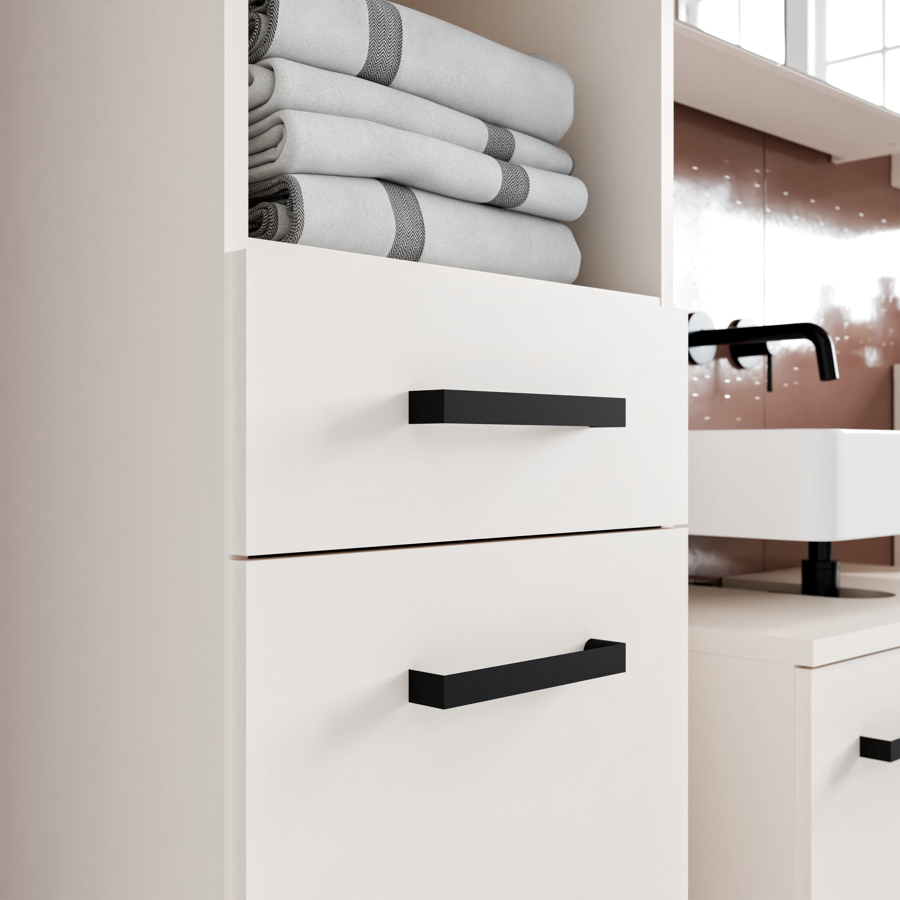Veris Tall Narrow Bathroom Cupboard with 2 Doors & 1 Drawer in Sand