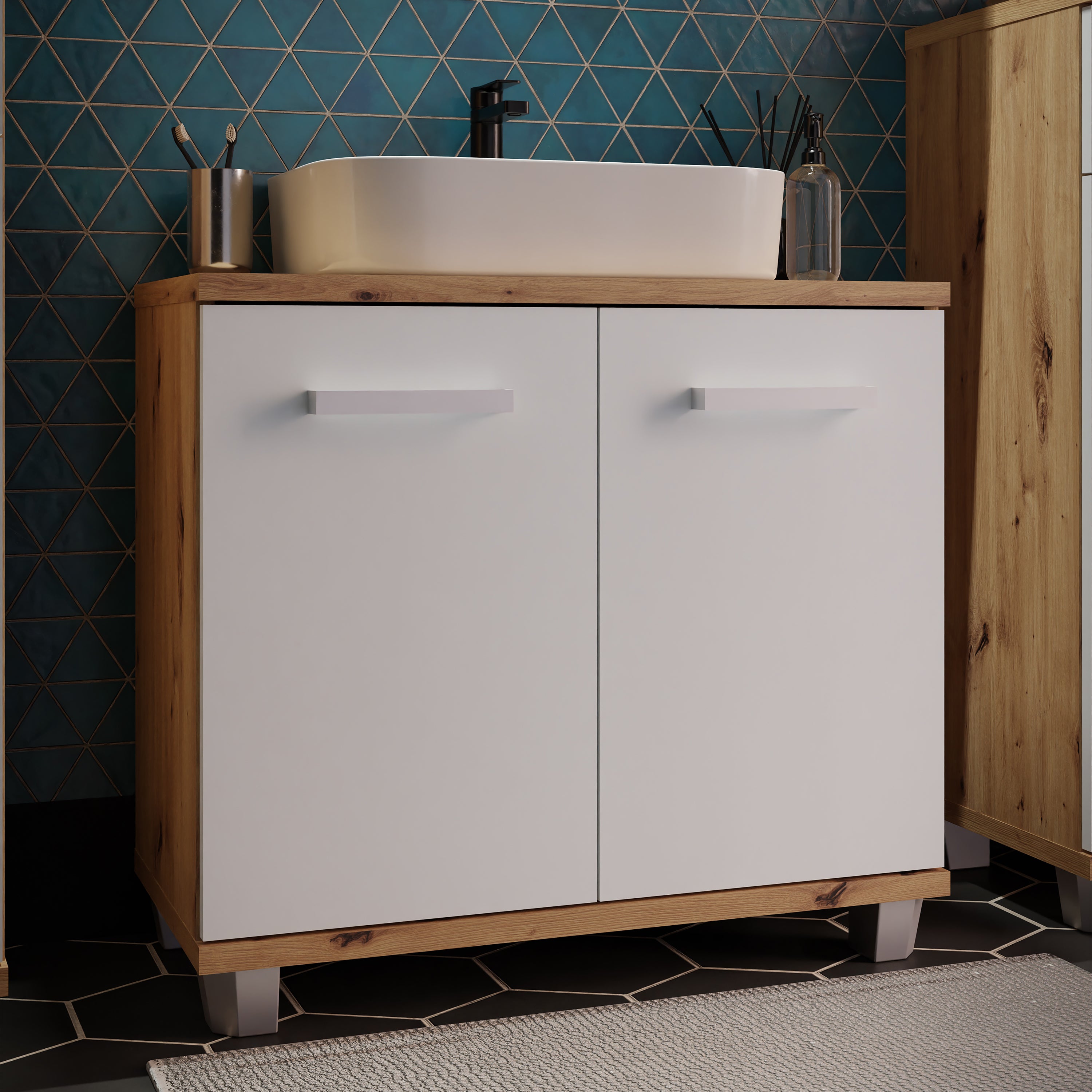Veris Under Sink Cabinet with 2 Doors in Artisan Oak and Light Grey Doors