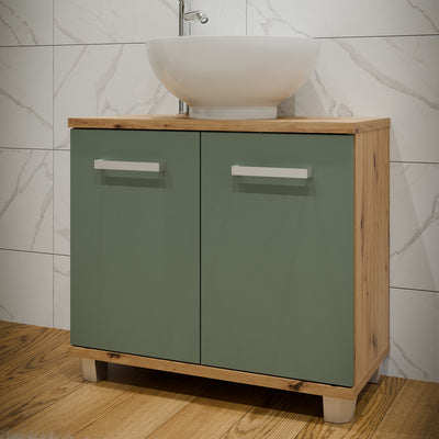 Veris Under Sink Cabinet with 2 Doors in Artisan Oak and Sage Green Doors