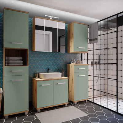 Veris Under Sink Cabinet with 2 Doors in Artisan Oak and Sage Green Doors