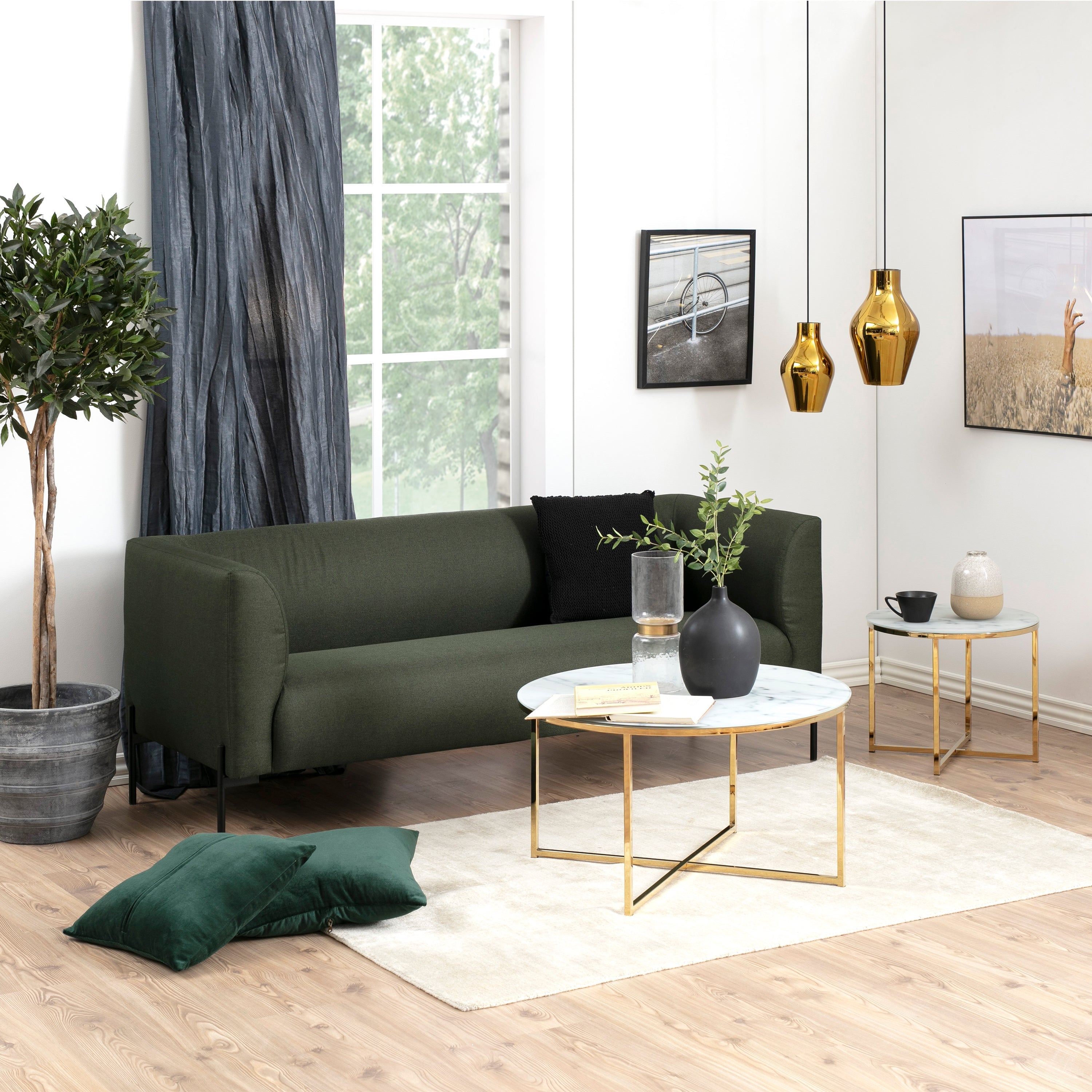 Alisma Round Coffee Table with White Marble Effect Glass Top & Gold Legs – FTG, view 3