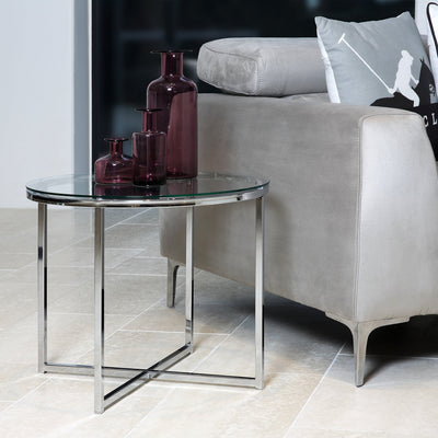 Cross Round Metal Side Table with Glass Top – FTG, view 3