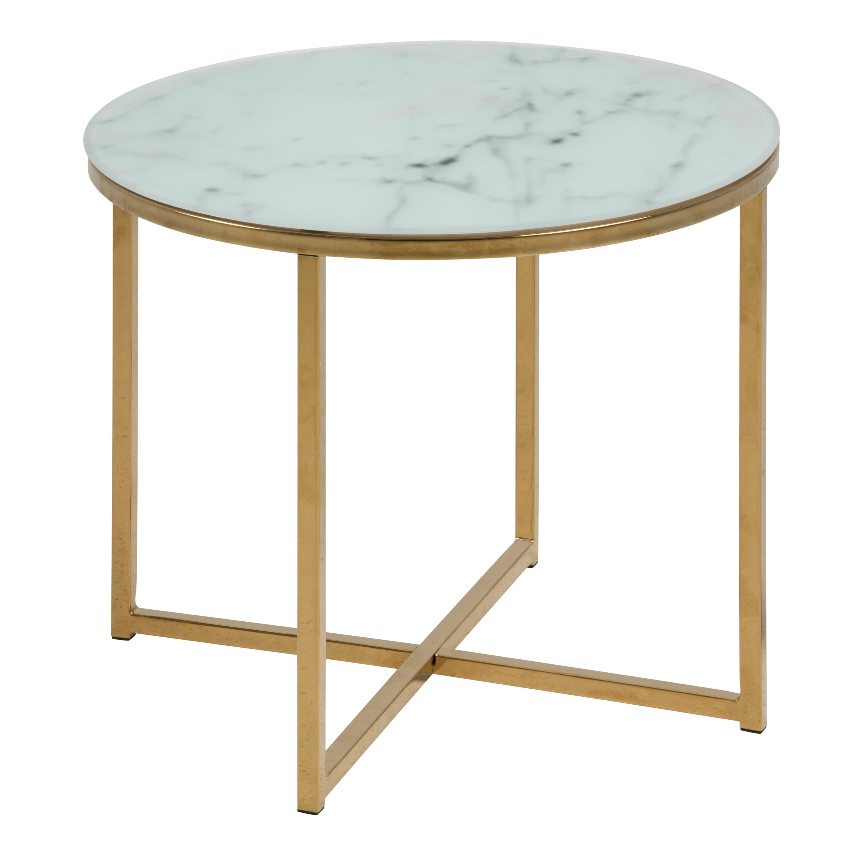 Alisma Round Side Table with White Crystal Clear Marble Glass Top & Gold Legs – FTG