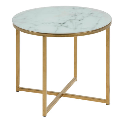 Alisma Round Side Table with White Crystal Clear Marble Glass Top & Gold Legs – FTG