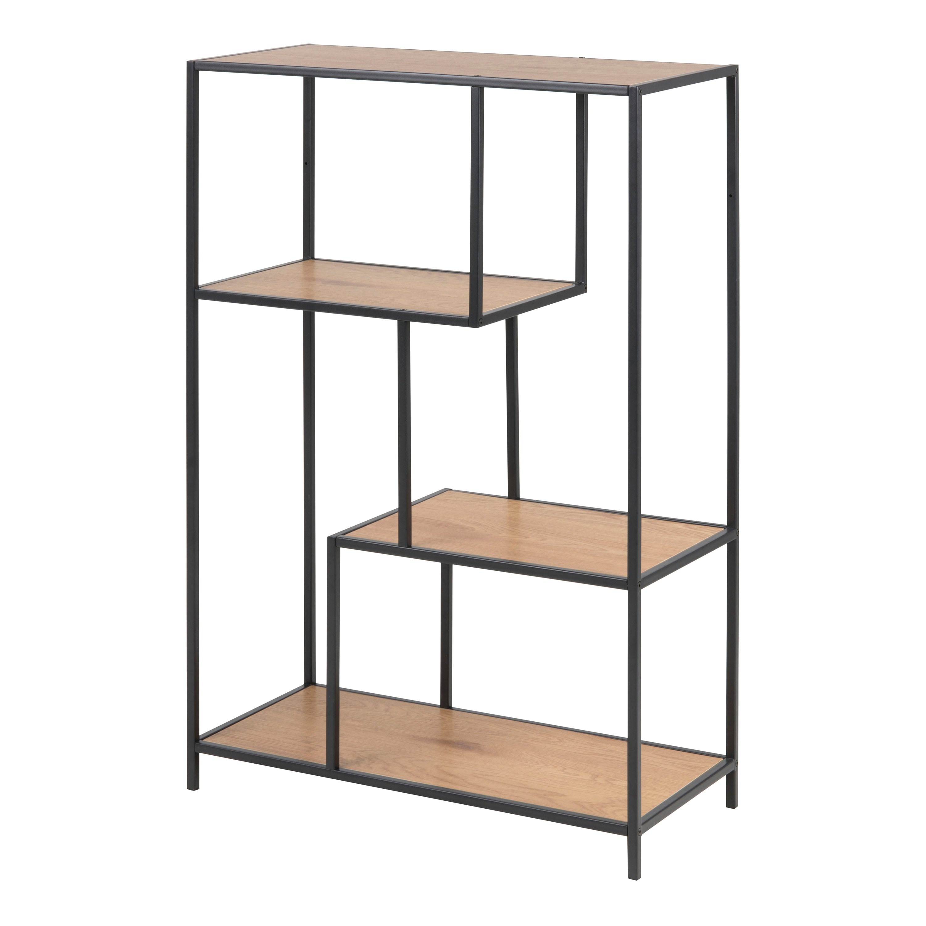 Seaford Black Metal Asymmetrical Bookcase with 3 Oak Shelves – FTG
