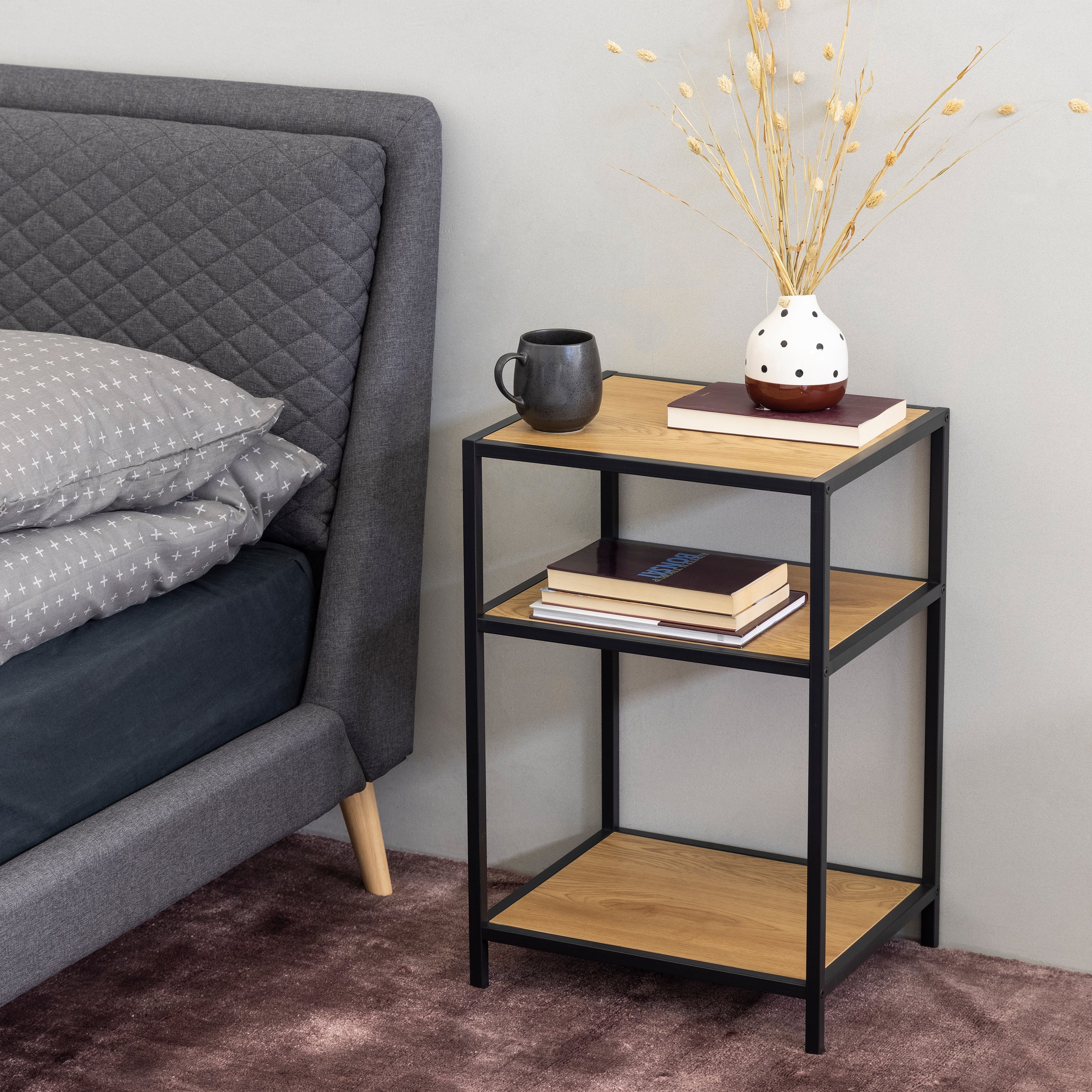 Seaford Black Metal Bedside Table with 2 Oak Shelves – FTG, view 3