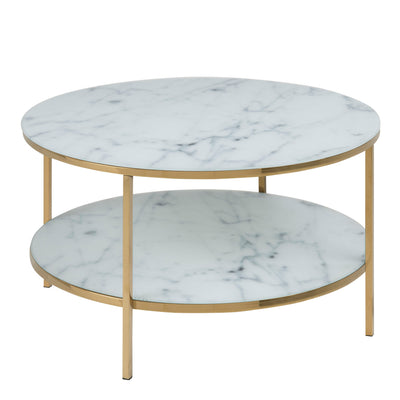 Alisma Round Coffee Table with White Crystal Clear Marble Glass Top & Gold Legs – FTG