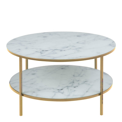 Alisma Round Coffee Table with White Crystal Clear Marble Glass Top & Gold Legs – FTG, view 2