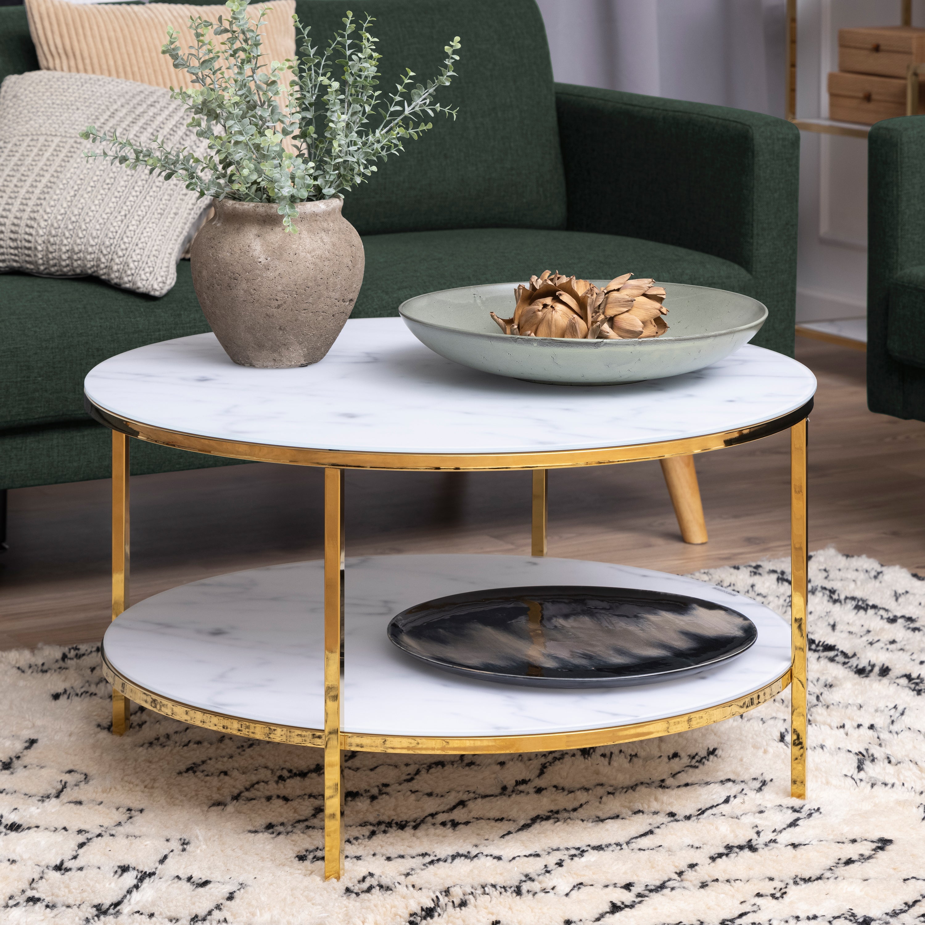 Alisma Round Coffee Table with White Crystal Clear Marble Glass Top & Gold Legs – FTG, view 4