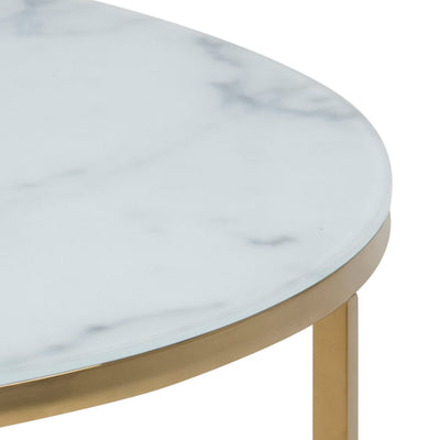 Alisma Round Coffee Table with White Crystal Clear Marble Glass Top & Gold Legs – FTG, view 5