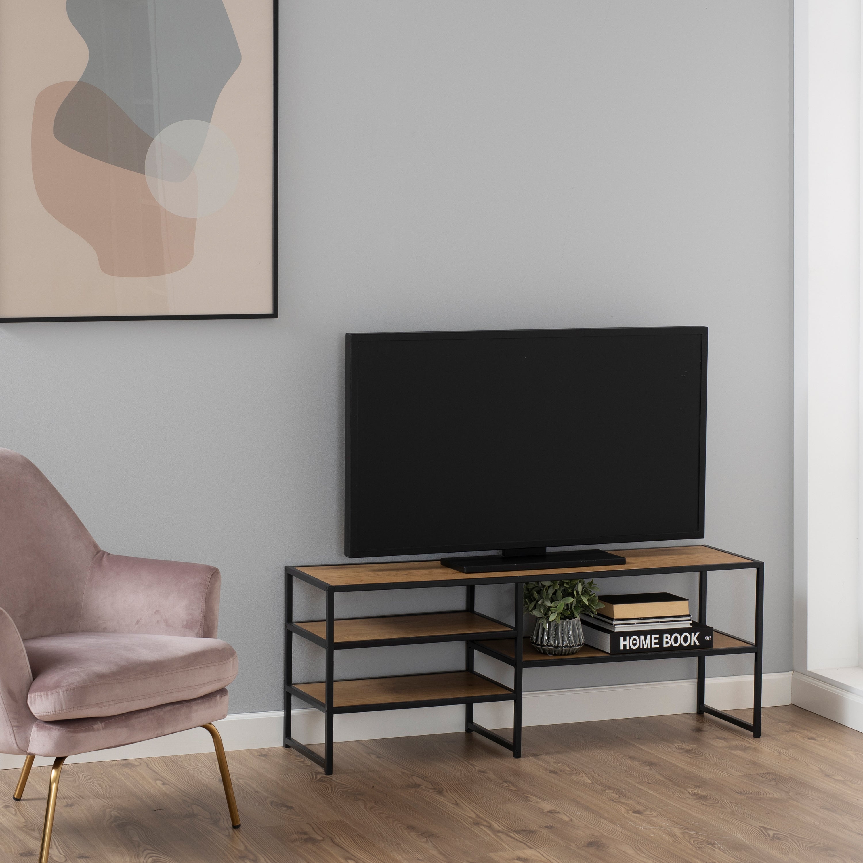 Seaford Black Metal Open TV Unit with 3 Oak Shelves – FTG, view 5
