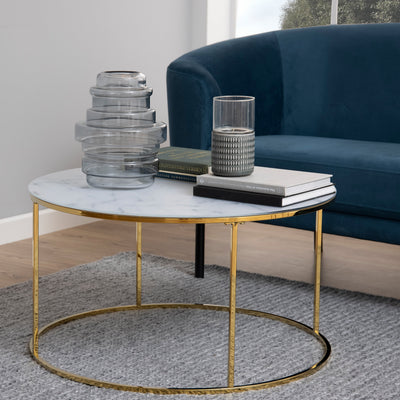 Bolton -A1 Round Coffee Table with White Crystal Clear Marble Glass Top & Gold Base – FTG, view 4