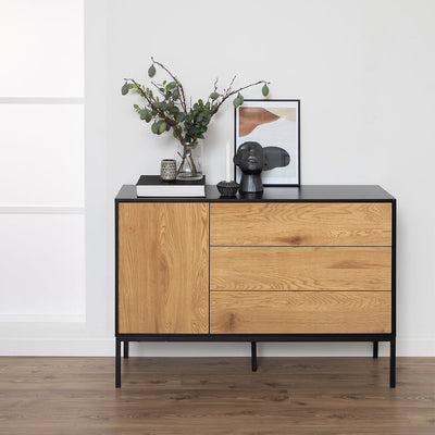 Seaford 1 Door 3 Drawer Small Sideboard in Black & Oak – FTG, view 7