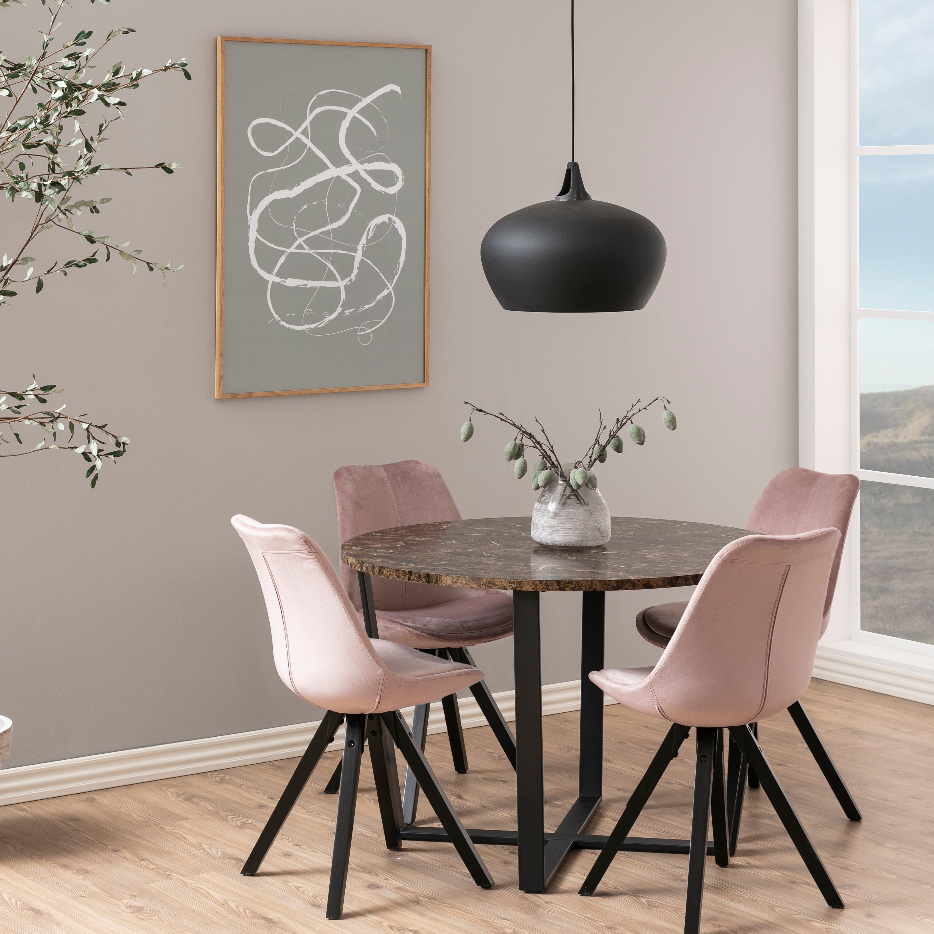 Amble Round Dining Table with Brown Marble Melamine Top & Black Legs – FTG, view 4