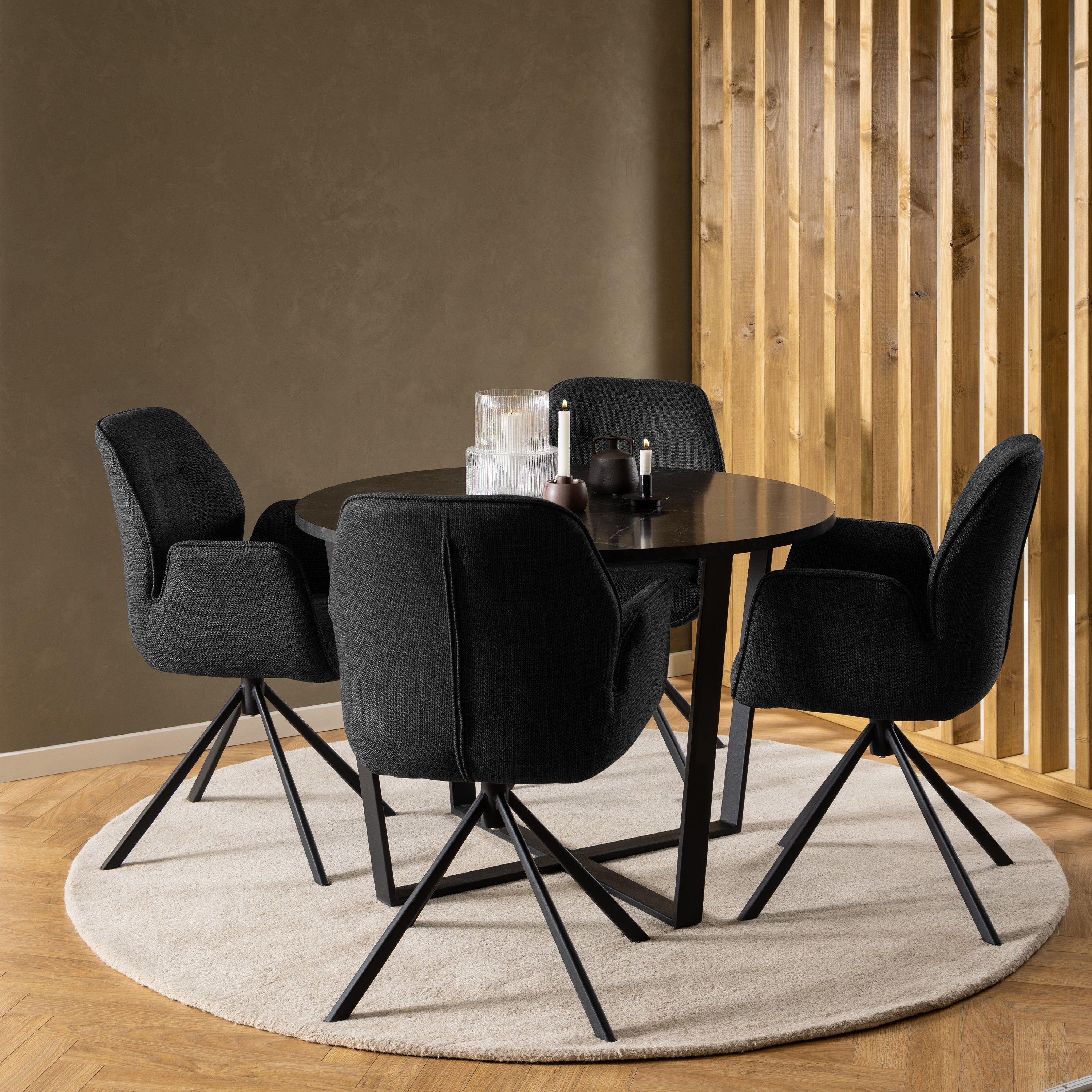 Amble Round Dining Table with Black Marble Melamine Top & Black Legs – FTG, view 3