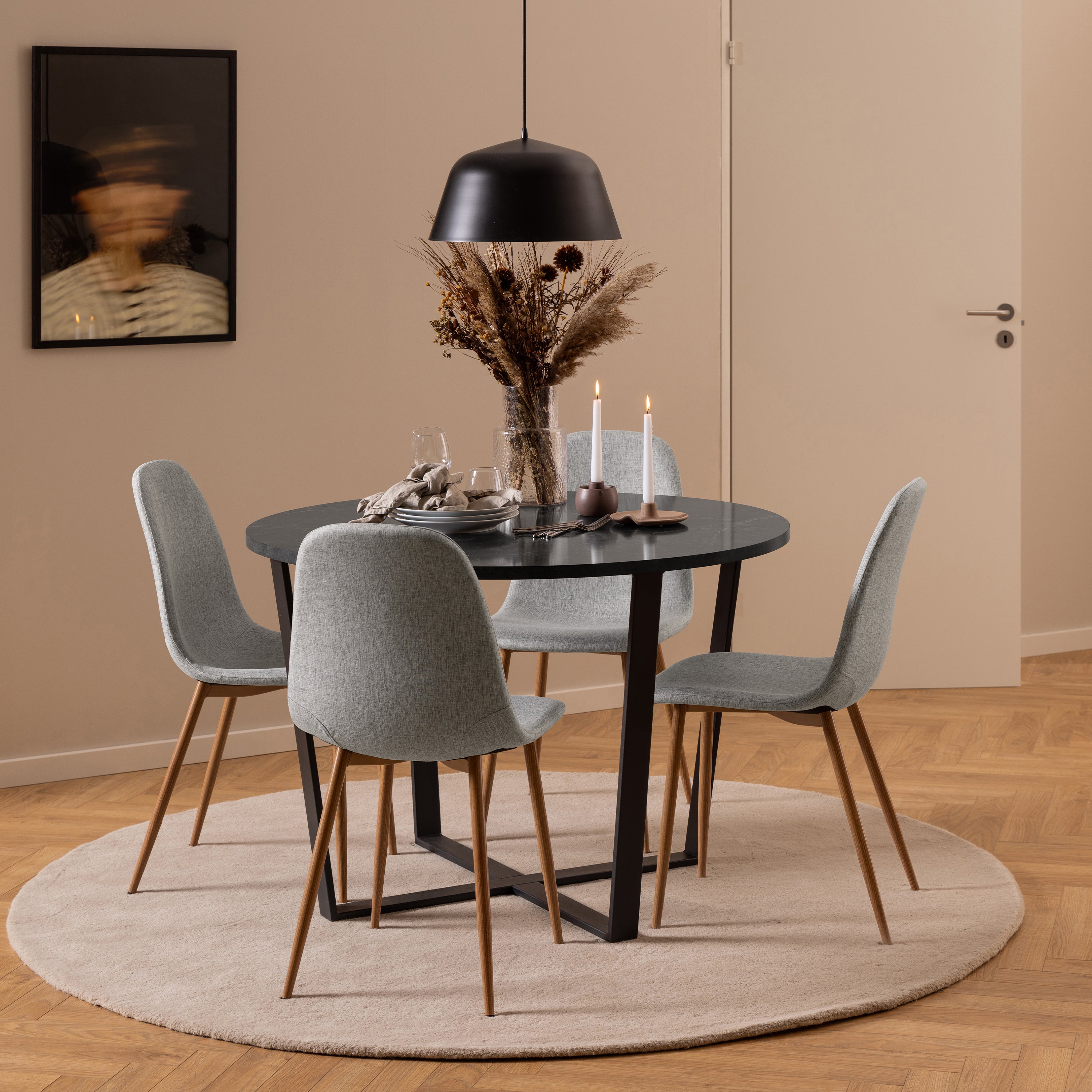 Amble Round Dining Table with Black Marble Melamine Top & Black Legs – FTG, view 4