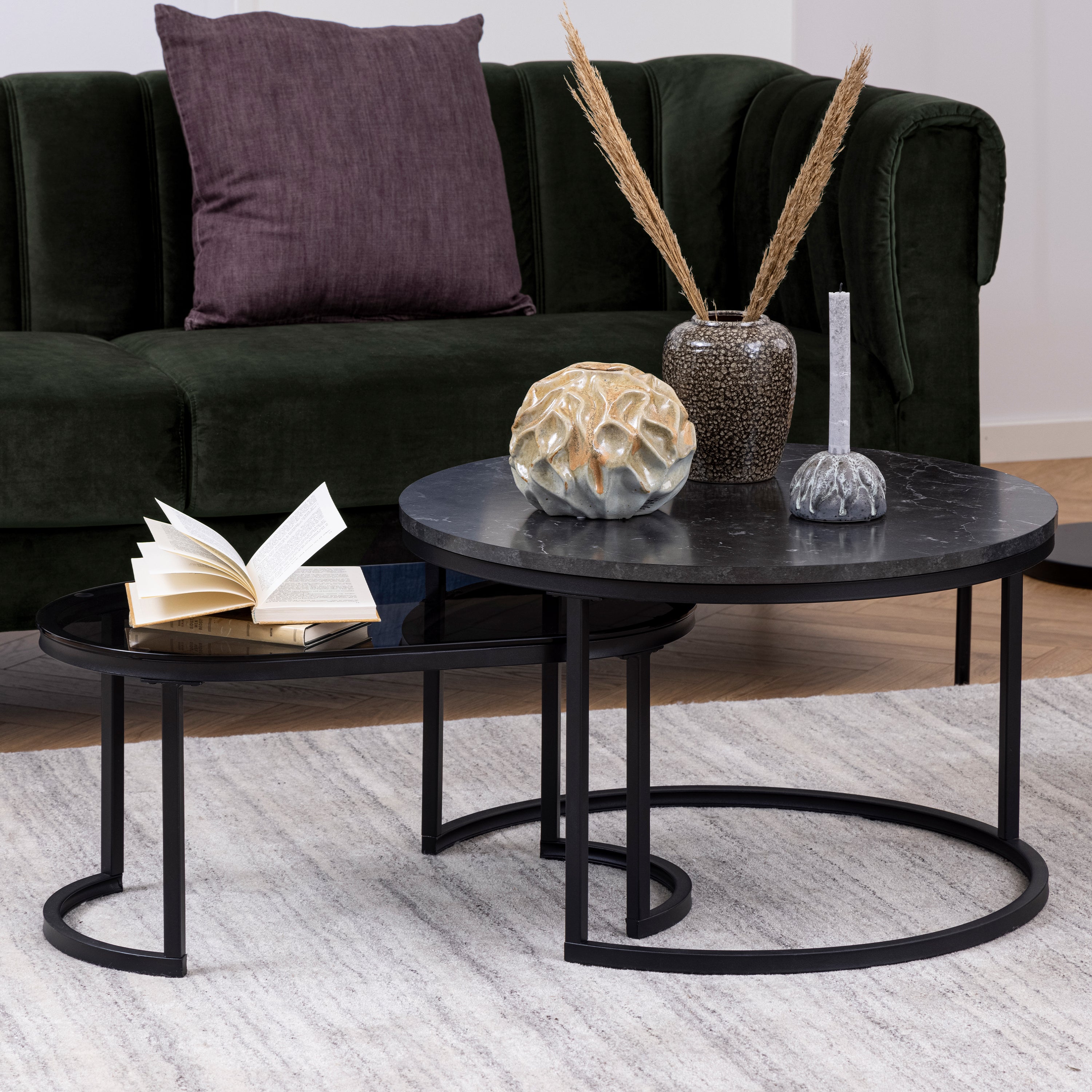 Spiro Round/Oval Coffee Table Set with Black Marble/Smoked Melamine Glass Top – FTG, view 3
