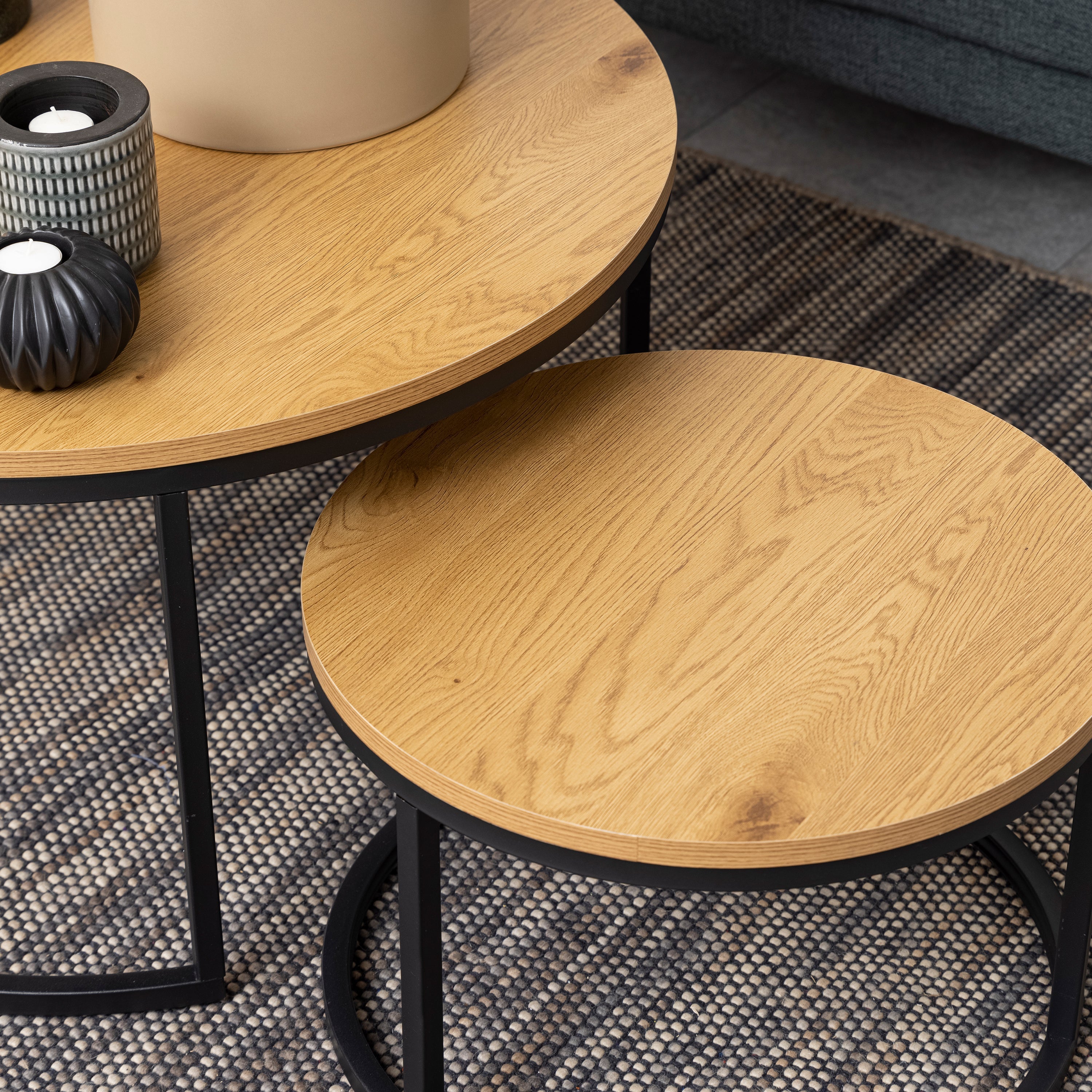 Spiro Round Coffee Table Set with Oak Top & Black Legs – FTG, view 4