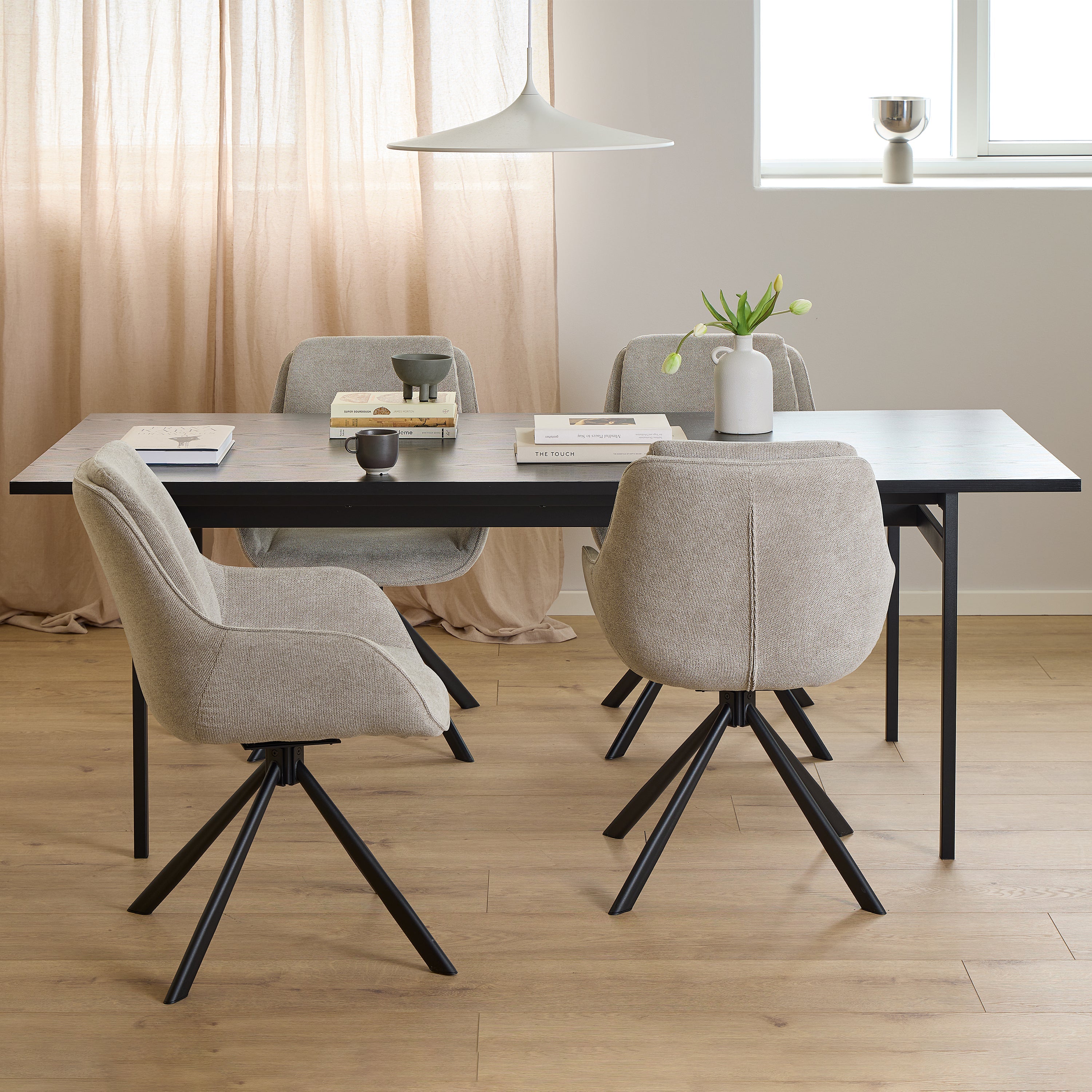 Angus Dining Table in Black 200x74cm Included 4 Carrie Swivel Dining Chairs in Sand – FTG