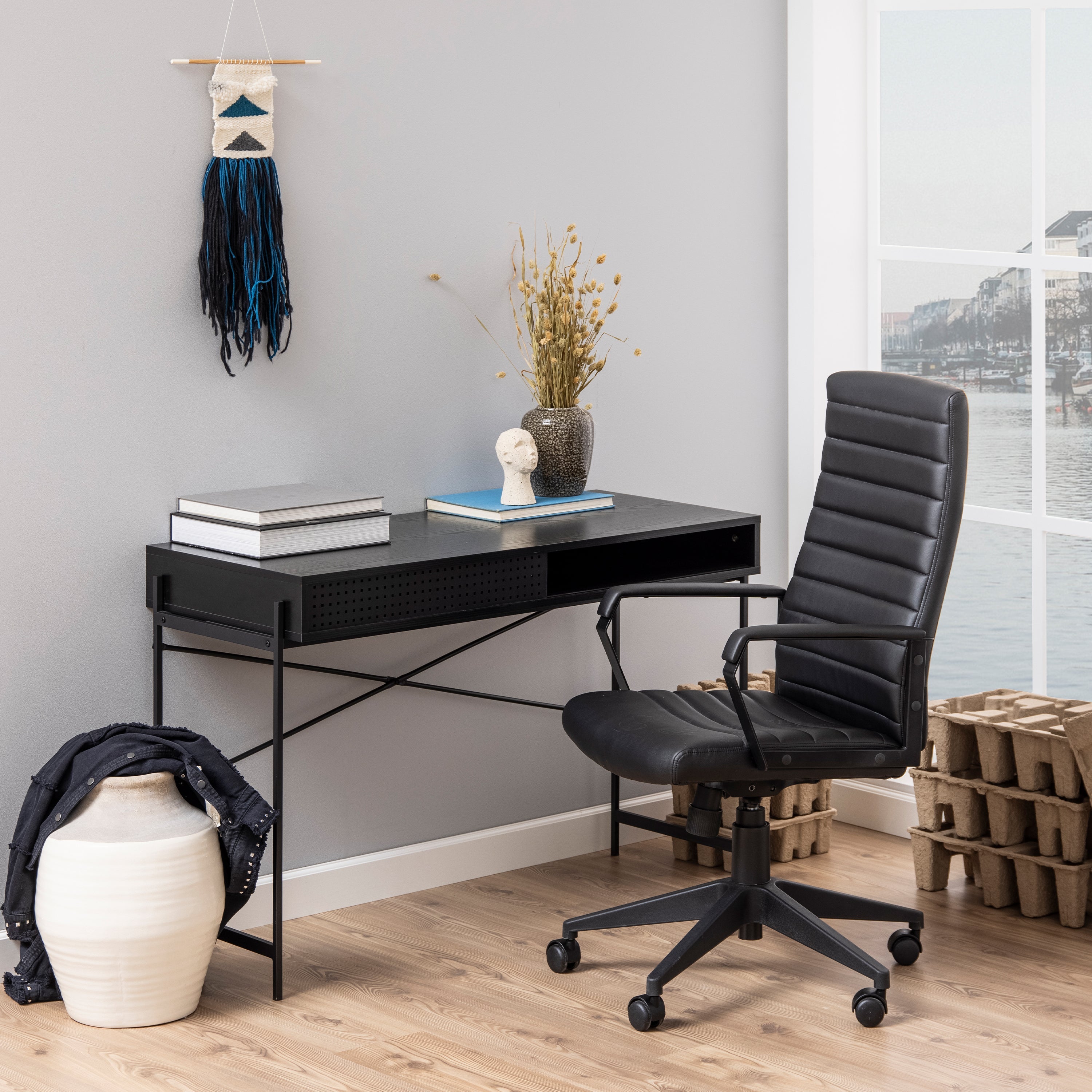 Angus Office Desk with Sliding Door in Black – FTG, view 5